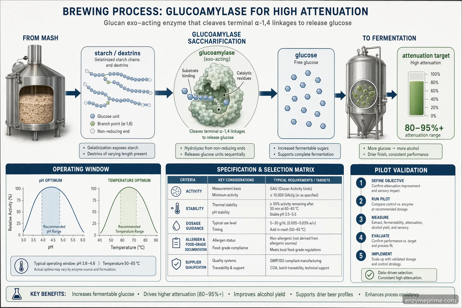 Prozessdiagramm zum Brauen mit glucoamylase, das die Stärkeumwandlung zu Glukose mit pH- und Temperaturfenstern zeigt