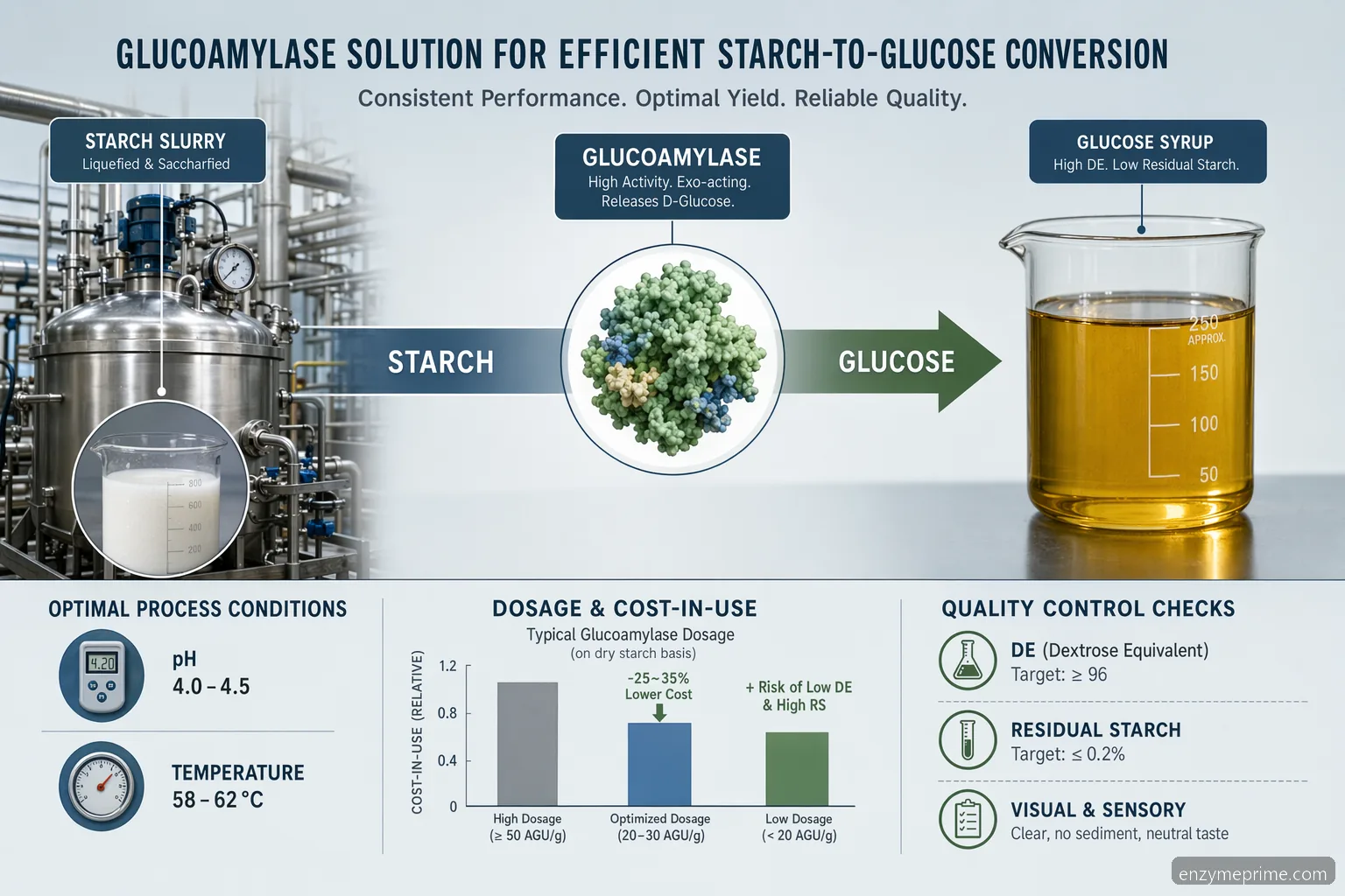 glucoamylase 적용 포도당 시럽 가이드 이미지로, 전분 전환, 공정 조건, QC와 공급사 점검 항목을 보여줌