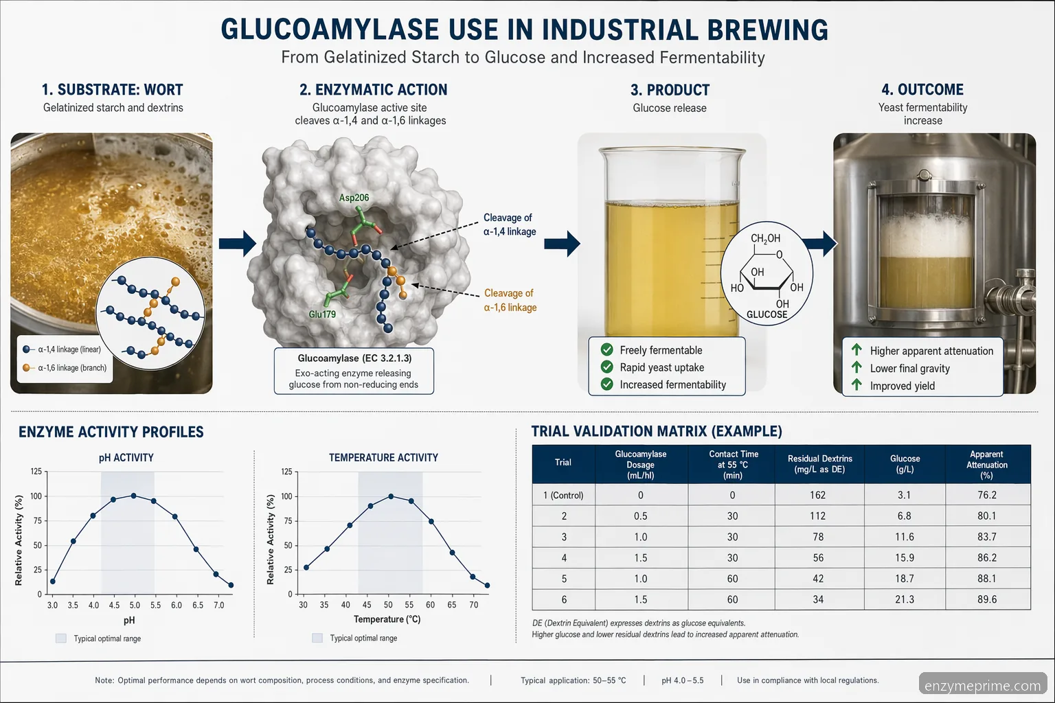 Procesdiagram for brygning med glucoamylase-enzym, der viser dextrinhydrolyse til glucose med pH-, temperatur- og valideringsmarkører