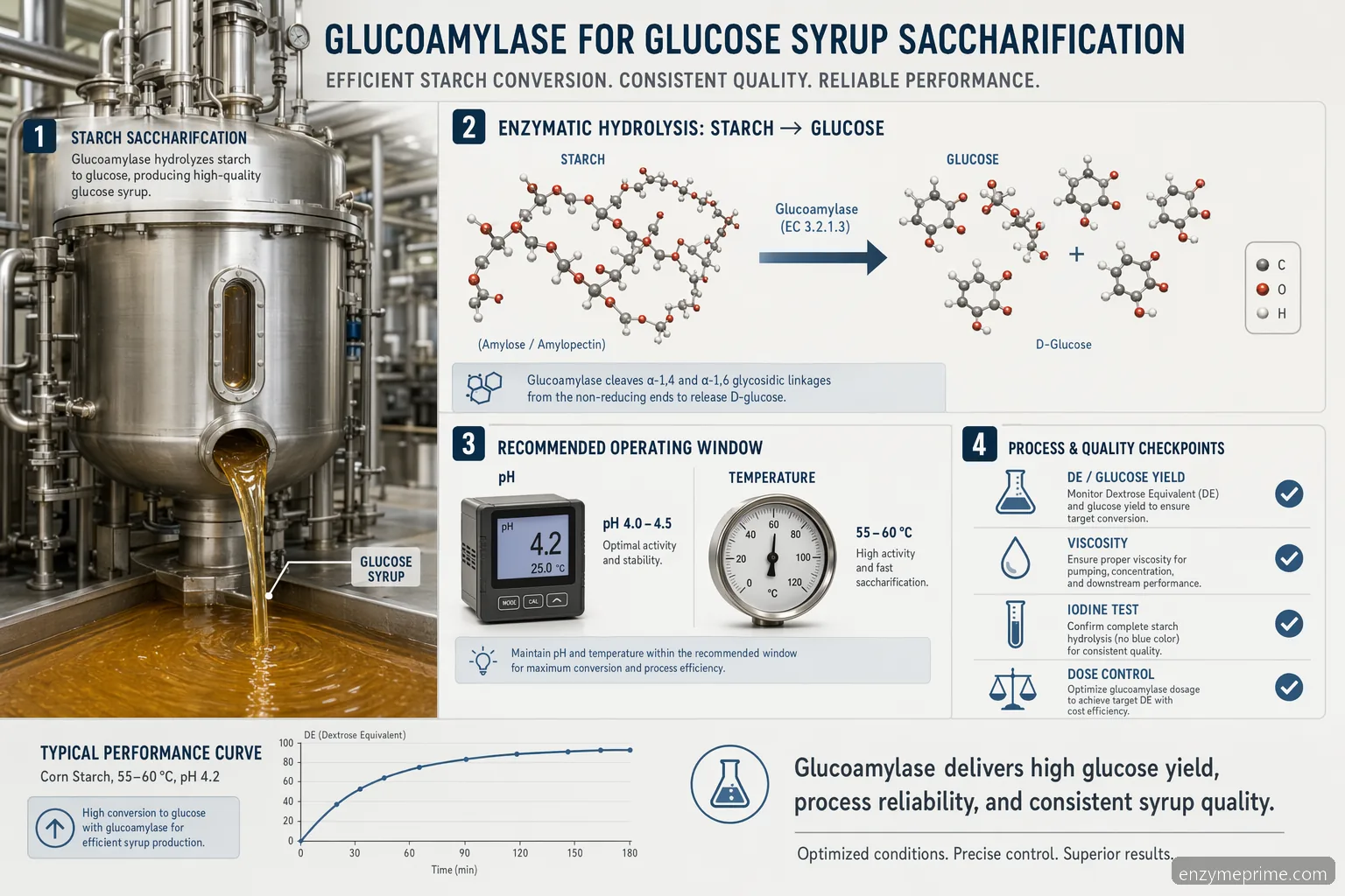glucoamylase enzyme for sale glucose syrup saccharification infographic showing starch flow, pH, heat, QC checks