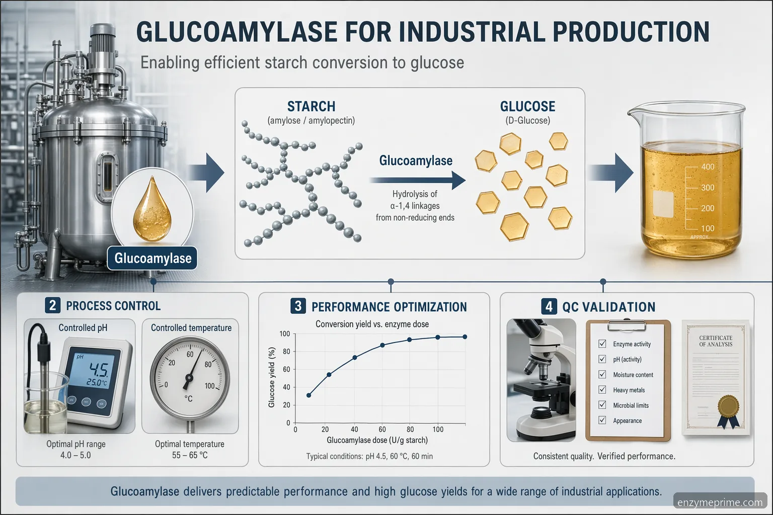 glucoamylase production guide infographic showing dosing, pH, temperature and QC for starch conversion